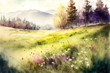 watercolor image of a spring meadow, generative ai - 561660384