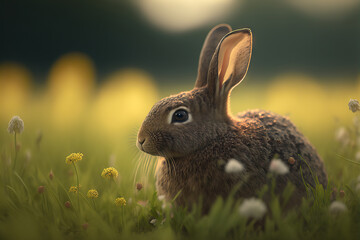 cute rabbit in a spring meadow scene, generative ai