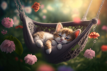 cute kitten in a hammock surrounded by spring flowers, generative ai - obrazy, fototapety, plakaty