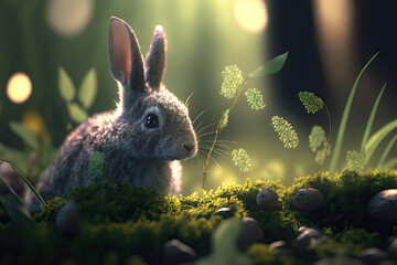 cute rabbit in a spring forest scene, generative ai