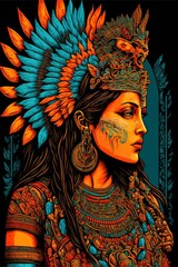 Graphic Mayan Aztec Warrior Woman Illustration, AI Generated Image of a Colorful Powerful Mexica Queen