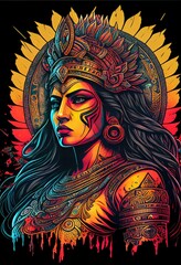 Graphic Mayan Aztec Warrior Woman Illustration, AI Generated Image of a Colorful Powerful Mexica Queen