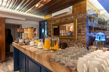 Drinks on a buffet table in the restaurant