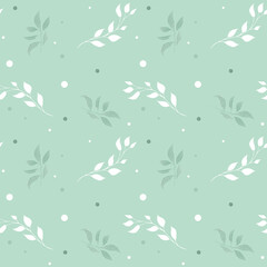 Seamless background with green and white leave doodles on bright green background. Luxury pattern for creating textiles, wallpaper, paper. Vintage. Romantic floral Illustration
