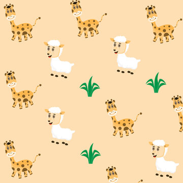 vector cute goat and giraffe pattern and grass