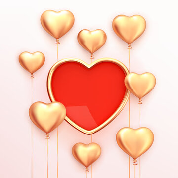 Happy Valentine's Day. Holiday Decoration Banner. Red Heart Shaped Medallion With Gold Trim Surrounded By Gold Heart Shaped Balloons On White Background. Realistic 3d Vector Illustration