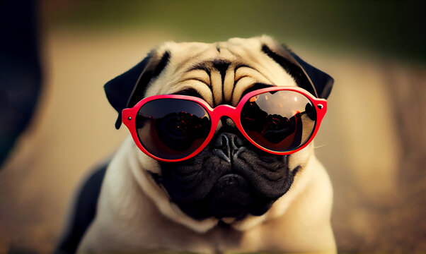 Cute pug wearing heart shaped sunglasses image created with Generative AI technology.