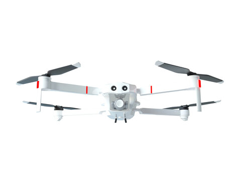 Remote control air drone. Dron flying with small action video camera. White pro drone during flight. 3d render illustration isolated on white. Png, transparent. 