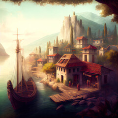 Medieval pier by the river - By Generative AI