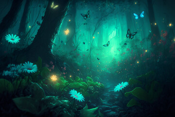 Fototapeta premium A fairy tale forest, a fantastic fairy tale with paths between the trees, and a fabulous atmosphere. Generated with AI.