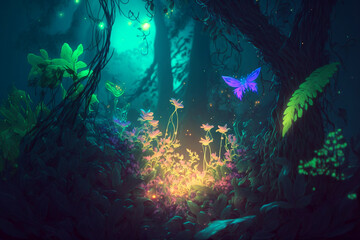 A fairy tale forest, a fantastic fairy tale with paths between the trees, and a fabulous atmosphere. Generated with AI.