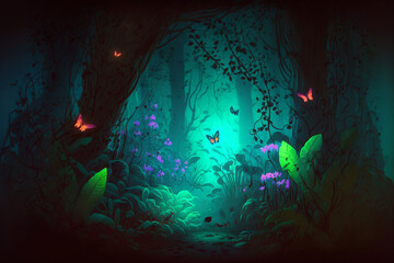A fairy tale forest, a fantastic fairy tale with paths between the trees, and a fabulous atmosphere. Generated with AI.