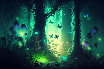Obraz premium A fairy tale forest, a fantastic fairy tale with paths between the trees, and a fabulous atmosphere. Generated with AI.