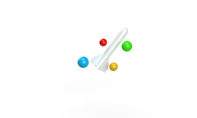 The rocket flies up. There are balls around. 3d render on the theme of space, cosmonautics, technology, the Internet. Modern minimal style. White background.