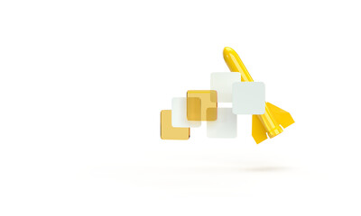 The rocket flies up against the background of cubes. 3d render on the topic of business, work, web,...