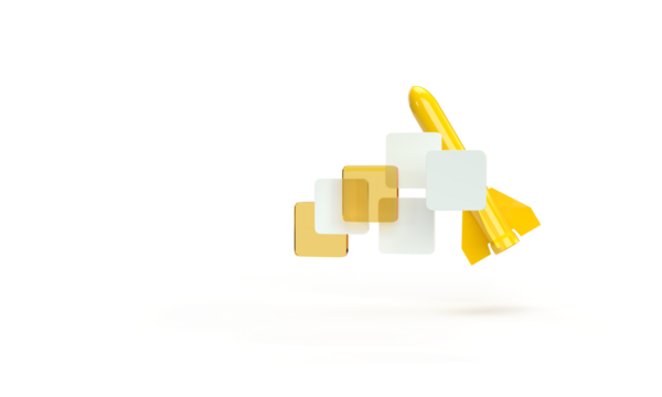 The rocket flies up against the background of cubes. 3d render on the topic of business, work, web, technology, money. Modern minimal style. Transparent background.
