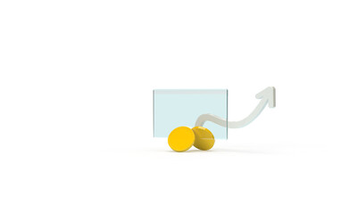 Up arrow, money and chart. Two gold coins. 3d render on the topic of investments, stocks, business, bank, income. Modern, minimal style. Transparent background.