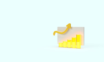 Fototapeta premium Yellow graph and up arrow. 3d render on the topic of business, work, analytics, statistics, sales and income. Modern minimal style. Blue background.