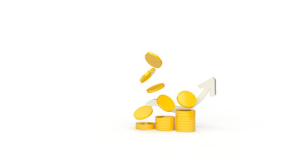 The arrow is up and the gold coins are floating, falling. 3d render on the topic of investments, stocks, business, bank, income. Modern, minimal style. Transparent background.