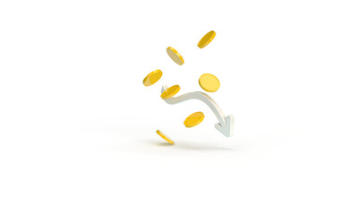 Down arrow and gold coins are falling. 3d render on the topic of finance, money, credit, bank. Modern minimal style. Transparent background.
