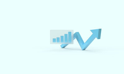 Blue graph and up arrow. 3d render on the topic of business, work, analytics, statistics, sales and income. Modern minimal style. Blue background.