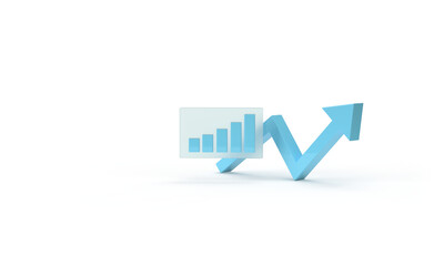 Blue graph and up arrow. 3d render on the topic of business, work, analytics, statistics, sales and income. Modern minimal style. Transparent background.