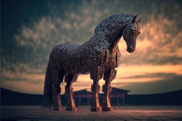 Trojan horse in the digital world, cyborg, ai, futuristic, threatening created with generative ai technology - obrazy, fototapety, plakaty