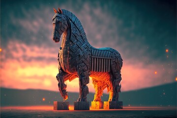 Trojan horse in the digital world, cyborg, ai, futuristic, threatening created with generative ai technology