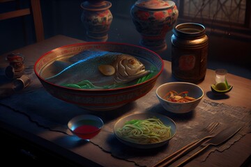 Obraz na płótnie Canvas Lunar Chinese New Year Dinner Noodles Fish Dumplings Steamed Buns Hot Pot Feast Celebration Background Image