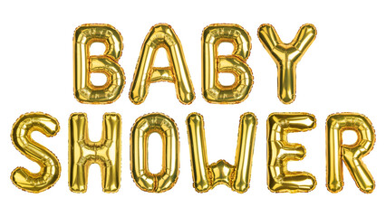BABY SHOWER. Word baby shower. Yellow Gold foil helium balloon. Balloons decoration for celebrate baby shower party of gift giving ceremony. English Alphabet Letters. Isolated white background.
