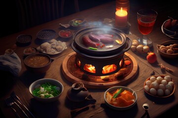 Lunar Chinese New Year Dinner Noodles Fish Dumplings Steamed Buns Hot Pot Feast Celebration Background Image