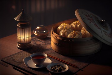 Lunar Chinese New Year Dinner Noodles Fish Dumplings Steamed Buns Hot Pot Feast Celebration Background Image