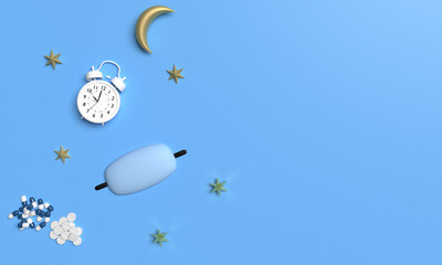 Blue background wallpaper copy space eye patch white clock golden moon star  medicine health care symbol insomnia problem bed sleep night awake depression worry anxiety unhappy headache exhaustion    