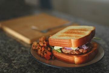 Sandwich with meat onion and cheese