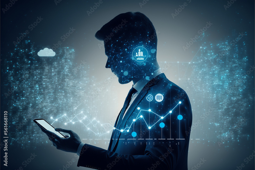 Poster businessman using mobile smartphone and icon network connection data with growth graph customer, dig