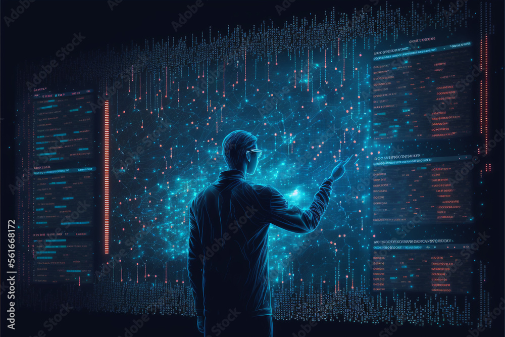 Aufkleber data science. data scientist querying, analysing and visualizing complex data set on virtual screen.