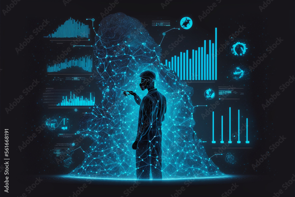 Poster big data technology and data science. data scientist query, analyze, and visualize complex data set 