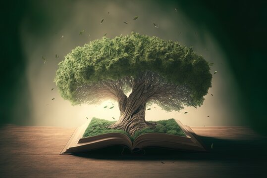 Books about eco-travel and a towering green tree Generative AI