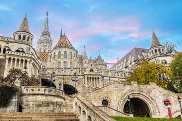 Scenic sunset view of Fisherman Bastion fortress in Budapest