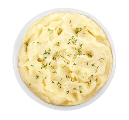 Bowl of tasty mashed potato with rosemary isolated on white, top view
