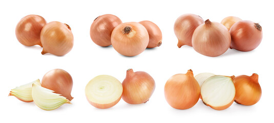 Collage with fresh ripe onions on white background