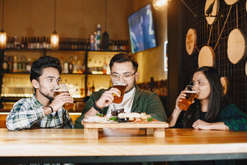 Indian friends celebrating in a pub with beer