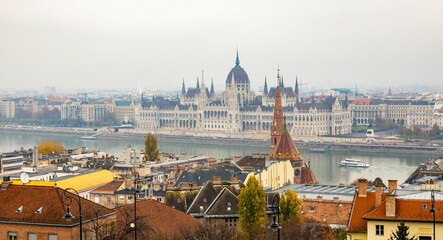 Budapest cityscape view across Danube river with city parliament