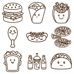 icon bundle of cute line doodle fast food burrito burger burrito france fries fried chicken hot dog pizza sandwich taco soft drink and cola