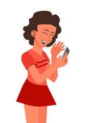 Girl smiling waving at the cell phone she holds. She wears red clothes. Vector illustration isolated on white background.
