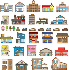 様々な建物のベクターイラスト. 建物の正面図.