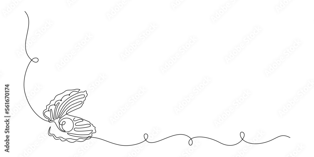 Poster continuous one line drawing of open oyster shell with pearl. seashell symbol and banner of beauty sp