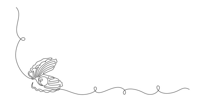 recommend clip art: Continuous one line drawing of open oyster shell with pearl. Seashell symbol and banner of beauty spa and wellness salon in simple linear style. Editable stroke. Doodle Vector illustration