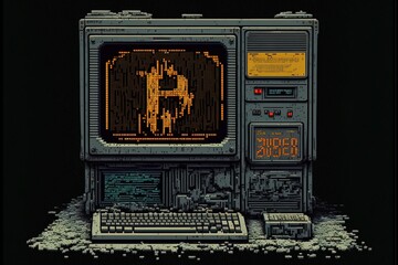 Pixel art bitcoin computer, old computer, background in retro style for 8 bit game, Generative AI