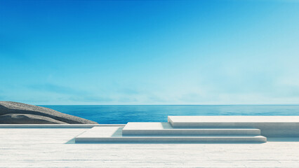 Product display podium on sea view background - 3D rendering
- 561670510